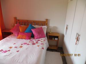 Un dormitorio con una cama con almohadas de colores. en Lala Phantsi, en Chintsa