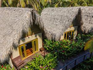 twee hutten met rieten daken met planten en bomen bij Casa Bambu Tayrona, Los Naranjos in Los Naranjos