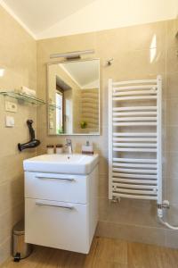 a bathroom with a white sink and a mirror at Apartmani Ravan in Cernik