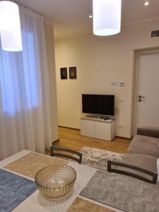 a living room with a table and a couch and a television at RESIDENZA VENTURINI 2.0 in Piacenza