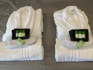 two towels with green and white soap on them at The Victoria guest house in Mablethorpe