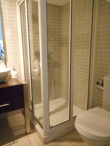 Un baño con ducha, inodoro y lavabo. en Triplex - Quarto com w.c. privado, en Lisboa