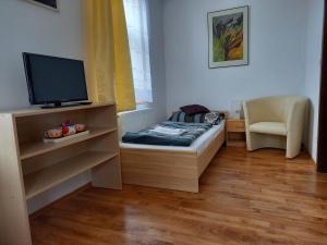 um quarto com uma cama, uma televisão e uma cadeira em Apartmán Bára em Cesky Krumlov