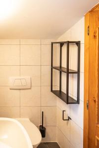 a bathroom with a toilet and a sink and a shelf at Das Nordberg Apartments in Garmisch-Partenkirchen
