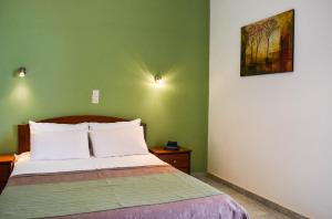 a bedroom with a bed and a green wall at Panorama Hotel in Falasarna