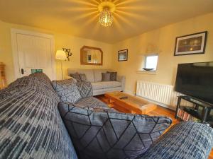 a living room with a couch and a tv at Gorse Hill Farm in Newcastle