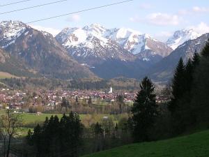 a town in a valley with snow capped mountains at Ferienwohnungen Brunner in Fischen