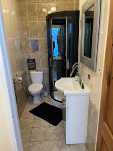 a bathroom with a toilet and a sink at Olivia House in Porthcawl