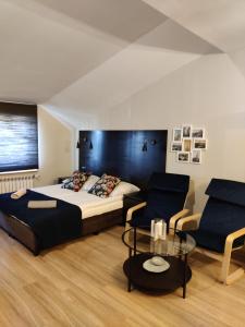 扎莫希奇的住宿－Loft Rooms，一间卧室配有一张床、一张沙发和一张桌子