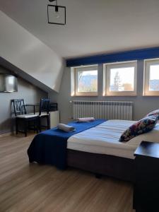 ザモシチにあるLoft Roomsのベッドルーム1室(大型ベッド1台、青いシーツ、窓付)
