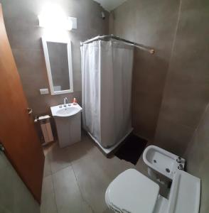 a bathroom with a toilet and a shower and a sink at Departamento en Barrio Centrico Bariloche (PE) in San Carlos de Bariloche