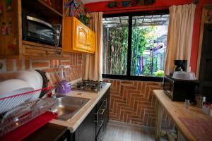 Elle comprend une petite cuisine avec un évier et une fenêtre. dans l'établissement Majikal B&B - Alebrijes, à Cholula