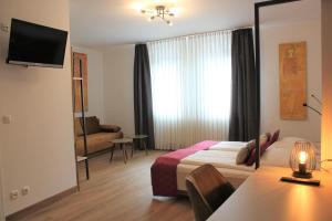 ein Hotelzimmer mit einem Bett, einem Sofa und einem TV in der Unterkunft Am Blumenhaus in Bamberg