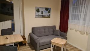 ein Wohnzimmer mit einem Sofa und einem Tisch in der Unterkunft Hotel Schleimünde in Kappeln