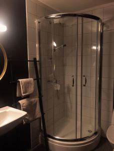 a shower with a glass door in a bathroom at Oppdal Alpintun ski in ski out in Oppdal