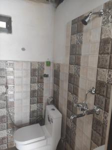 a bathroom with a toilet and a shower at The Begnas sound healing center in Deorāli +69 photos