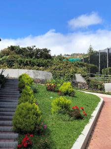 a garden with stairs and flowers and plants at Villas Madalena Chalets vista mar cWiFi in Santa Cruz