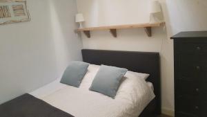 una camera con un letto con due cuscini sopra di Mooi zo 1 a De Koog