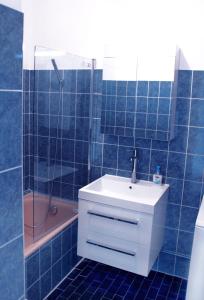 y baño de azulejos azules con lavabo y ducha. en Le Riviera Plage, en Niza