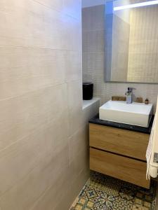 uma casa de banho com um lavatório branco e um espelho. em Luxe et Calme en Hyper Centre - La Cour des Bois em Lyon