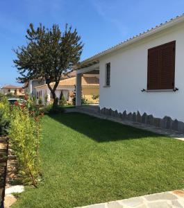 una casa con un patio con césped verde y un árbol en Perla, en Budoni