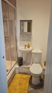 a bathroom with a toilet and a sink and a shower at The seahorse in Blythe