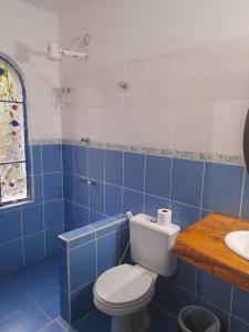 a blue tiled bathroom with a toilet and a sink at Rancho do Edy Pousada in São Roque