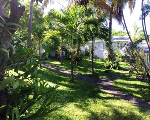 a path in front of a house with palm trees at Studio at Boucan Canot 900 m away from the beach with enclosed garden and wifi in Boucan Canot