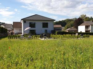 una casa blanca en un campo de césped verde en Ferienhaus Dreier-Ley, en Üdersdorf