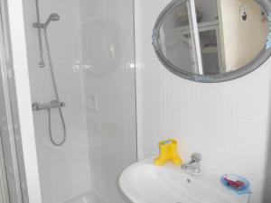 La salle de bains est pourvue d'une douche, d'un lavabo et d'un miroir. dans l'établissement Maison de 2 chambres avec jardin clos et wifi a Cleden Cap Sizun a 4 km de la plage, à Cléden-Cap-Sizun
