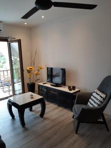 a living room with a tv and a chair and a coffee table at skeleas 10 in Pissouri