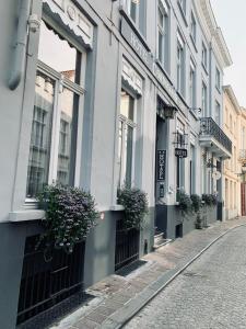 a row of buildings on a street with potted plants at Hotel Rose Red in Bruges