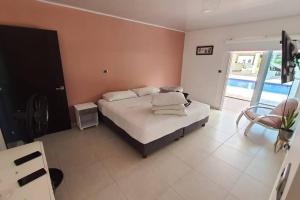 比亞維森西奧的住宿－Casa quinta Las Palmas，一间卧室配有一张床和一把椅子