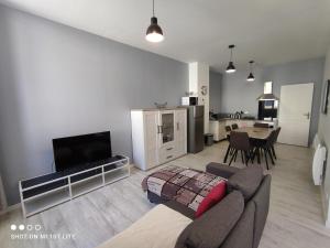 a living room with a couch and a flat screen tv at Appartement Eaux bonnes in Eaux-Bonnes