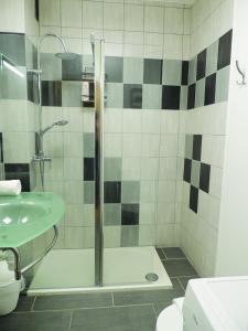 La salle de bains est pourvue d'une douche et d'un lavabo. dans l'établissement Appart'AZUR Haguenau - Hyper centre Mairie - Parking facile - Wifi - Lit confort Kingsize, à Haguenau