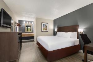 een hotelkamer met een groot bed en een televisie bij Baymont by Wyndham Wilmington in Wilmington