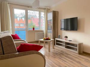 een woonkamer met een bank en een flatscreen-tv bij Swish Apartment in Gdańsk