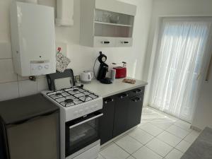 a small kitchen with a stove and a sink at Apartment – Wohnung bei Nürnberg #2 in Röthenbach an der Pegnitz +14 photos