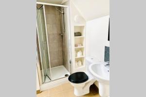 y baño con ducha, aseo y lavamanos. en Boutique Townhouse Uphill Lincoln, en Lincolnshire