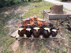 un grupo de ollas y sartenes encima de un fuego en Izvor en Ilok