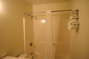 La salle de bains est pourvue d'une douche avec rideau de douche. dans l'établissement PLYMOUTH MOTOR LODGE, à Terryville