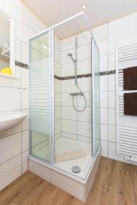 een douche met een glazen deur in de badkamer bij Ferienwohnungen auf dem Ferienhof an der Schafweide in Werdum