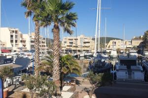 dos palmeras junto a un puerto deportivo con barcos en FACE MER ENTRE PLAGE ET MARINA, en Bormes-les-Mimosas