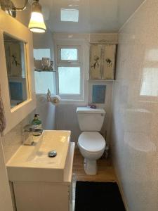 a small bathroom with a toilet and a sink at Olivia House in Porthcawl