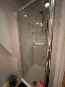 a bathroom with a shower with a sink at Olivia House in Porthcawl
