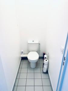 ein Badezimmer mit einem weißen WC in einer Kabine in der Unterkunft Chez Marie in Lyon