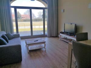 a living room with a couch and a tv at Die Remise Oleander RE-06 in Stolpe