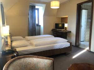 ein Schlafzimmer mit einem großen Bett und einem TV in der Unterkunft Hotel du Parc in Diekirch