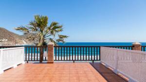 a balcony with a view of the ocean and a palm tree at Doña Pakyta in San José