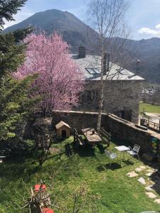 ein Steinhaus mit einem Baum mit rosa Blüten in der Unterkunft Casa Coll in Barruera + 18 Fotos